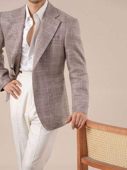 Mens Italian Prince of Wales Check Linen Blazer