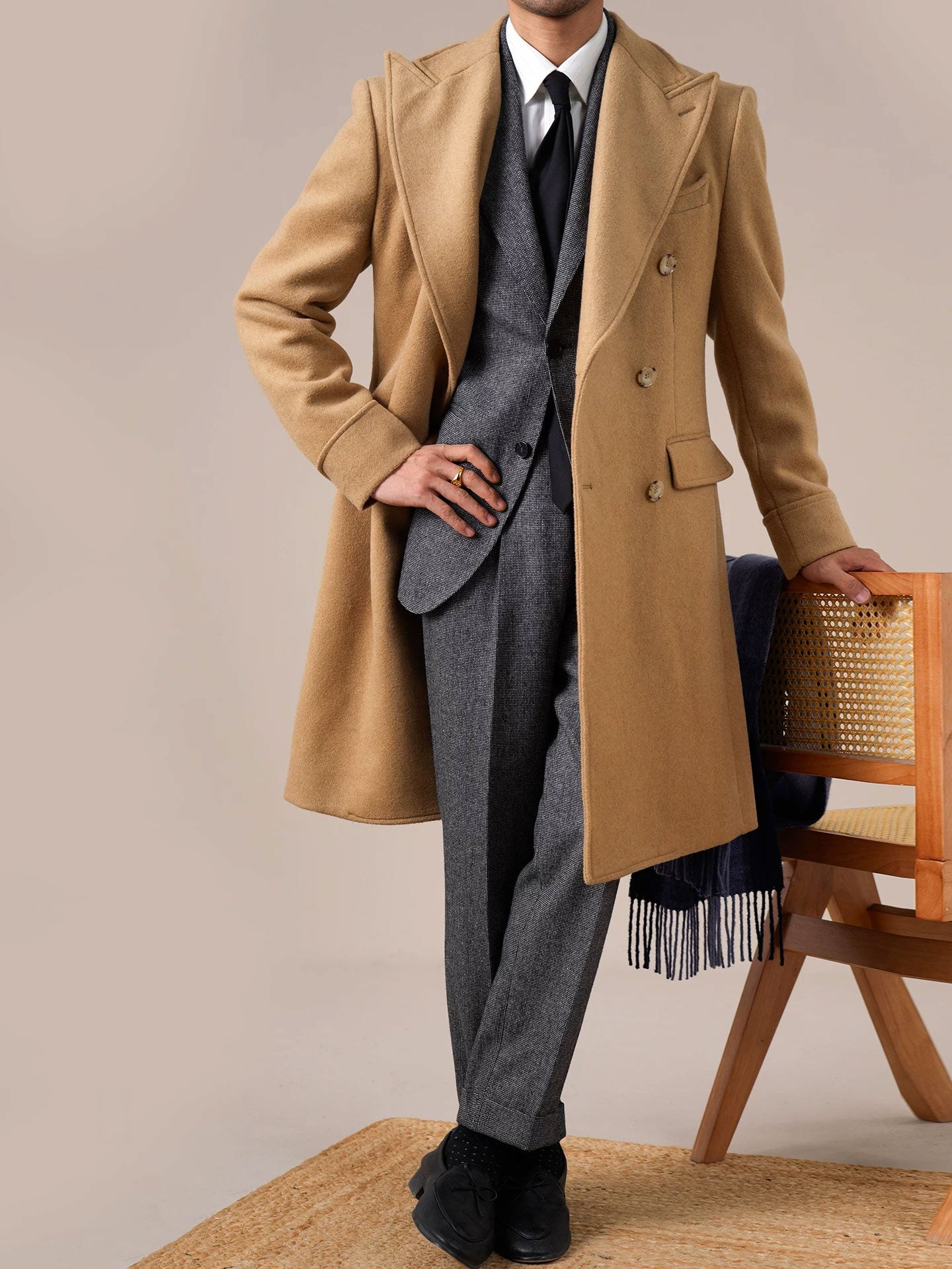 Mens Wool Chester Double Breasted Notched Lapel Coat - BRABION