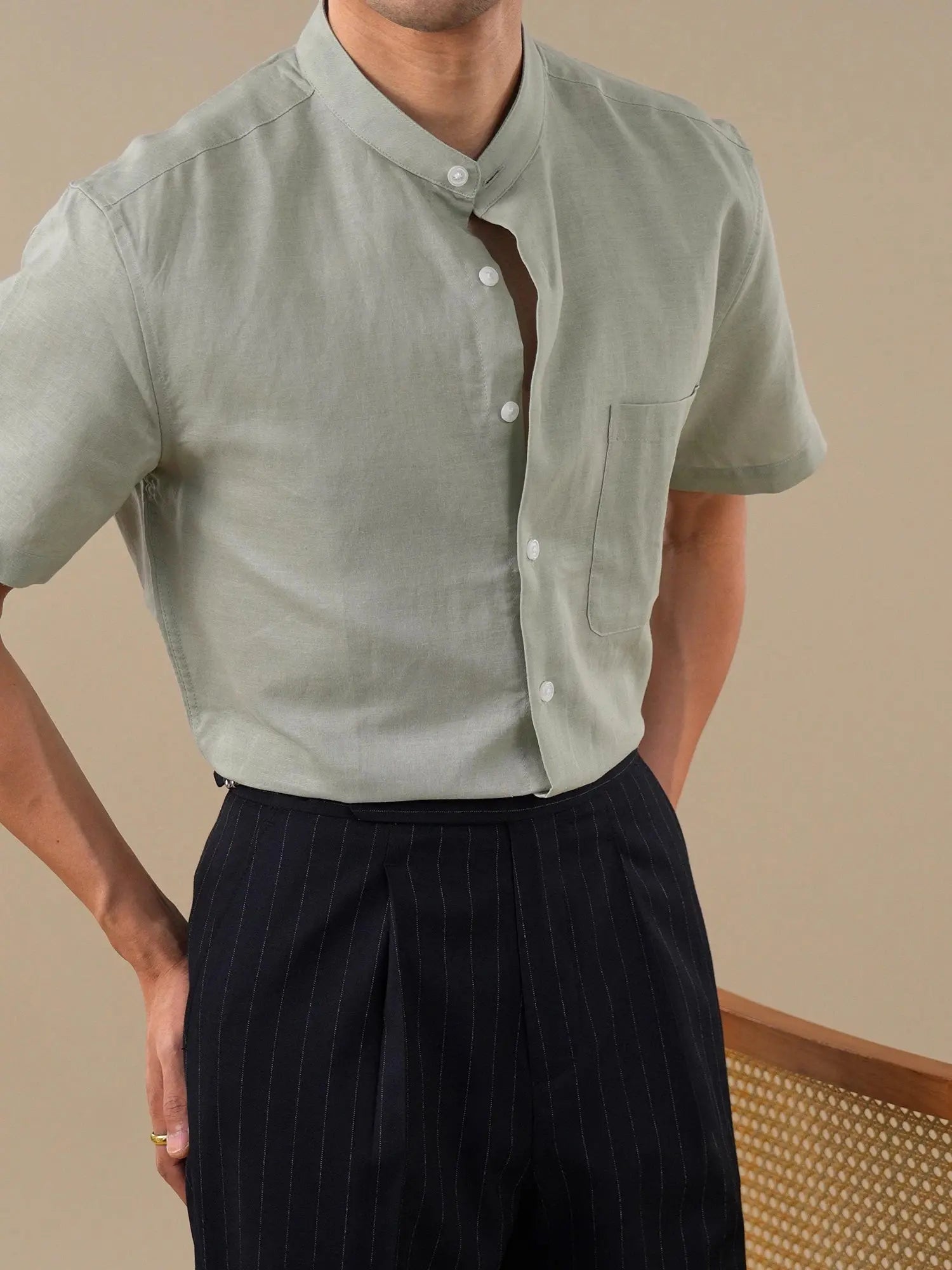 Band Collar Cotton-Linen Blend Short Sleeve Casual Shirt for Men BRABION