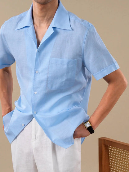 Linen Cotton Blend Cuban Collar Short Sleeve Shirt for Men BRABION