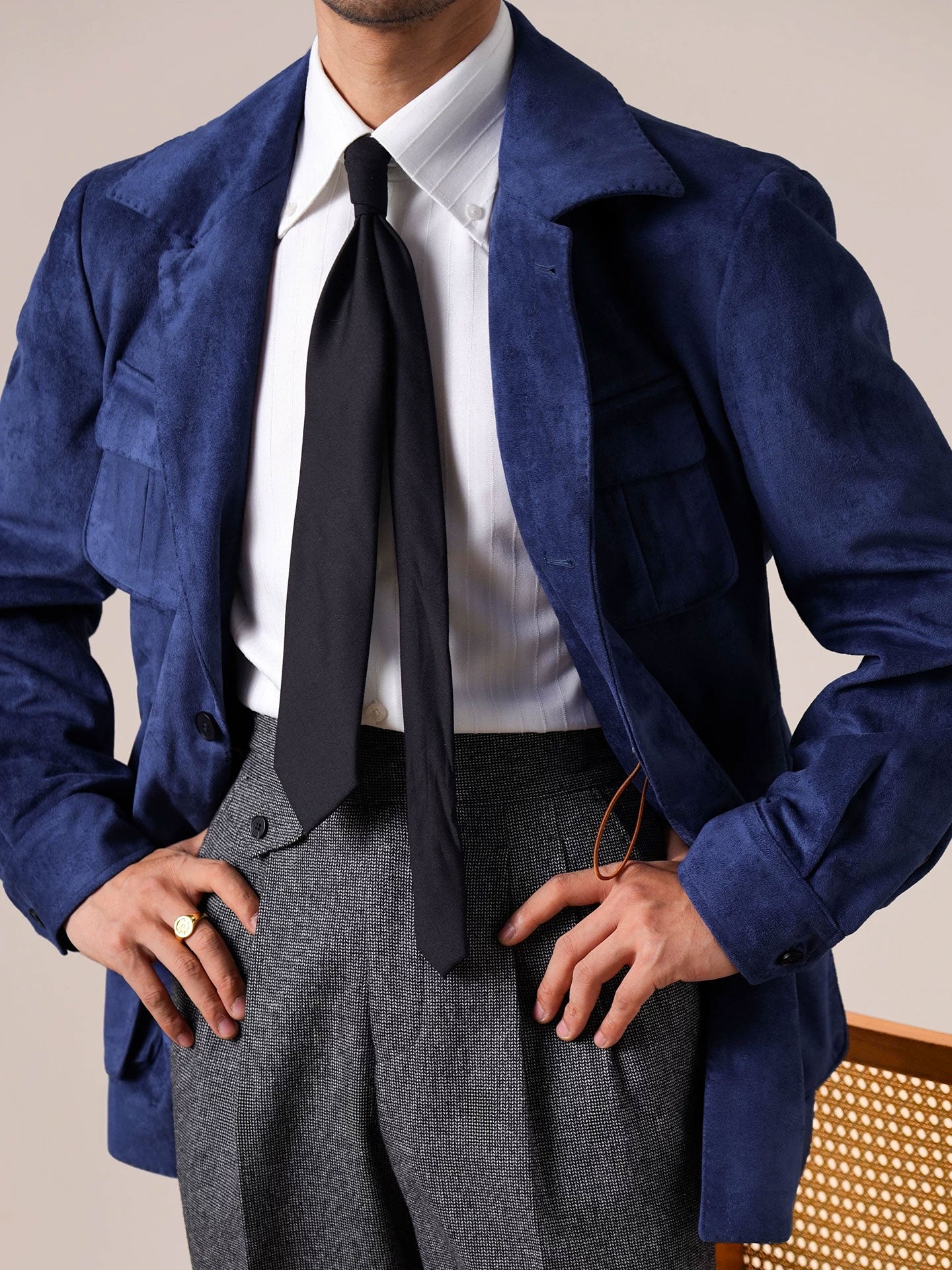 Men’s Suede Hunting Jacket — Slim Fit Belted Suit Collar Coat