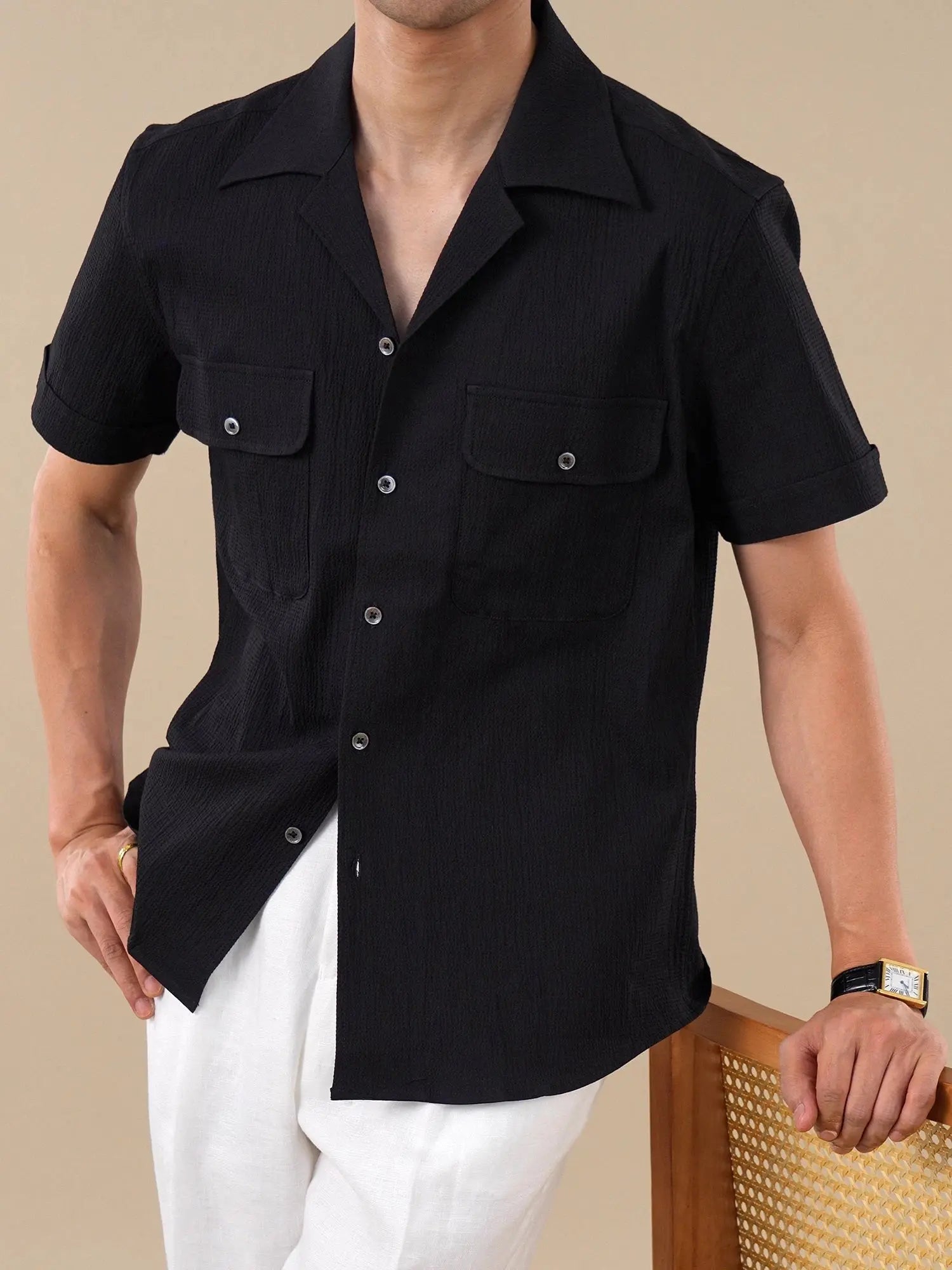 Cuban Collar Short Sleeve Breathable Cotton Shirt for Men BRABION