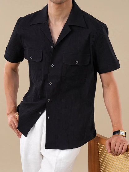 Cuban Collar Short Sleeve Breathable Cotton Shirt for Men BRABION