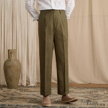 Men's Summer Breathable Pure Linen High-Waisted Trousers BRABION
