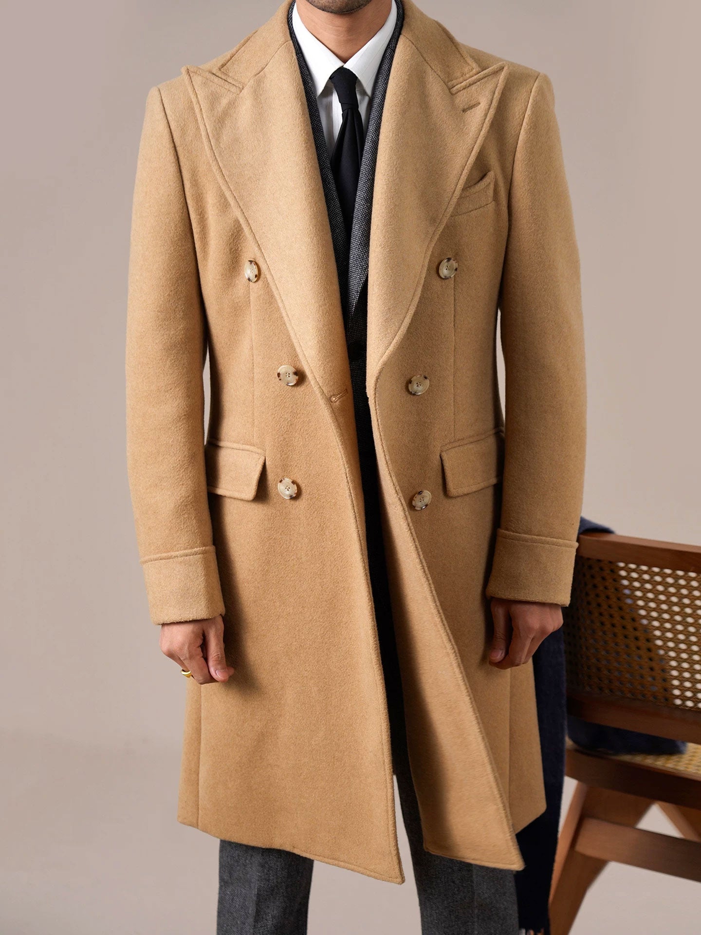 Mens Wool Chester Double Breasted Notched Lapel Coat - BRABION