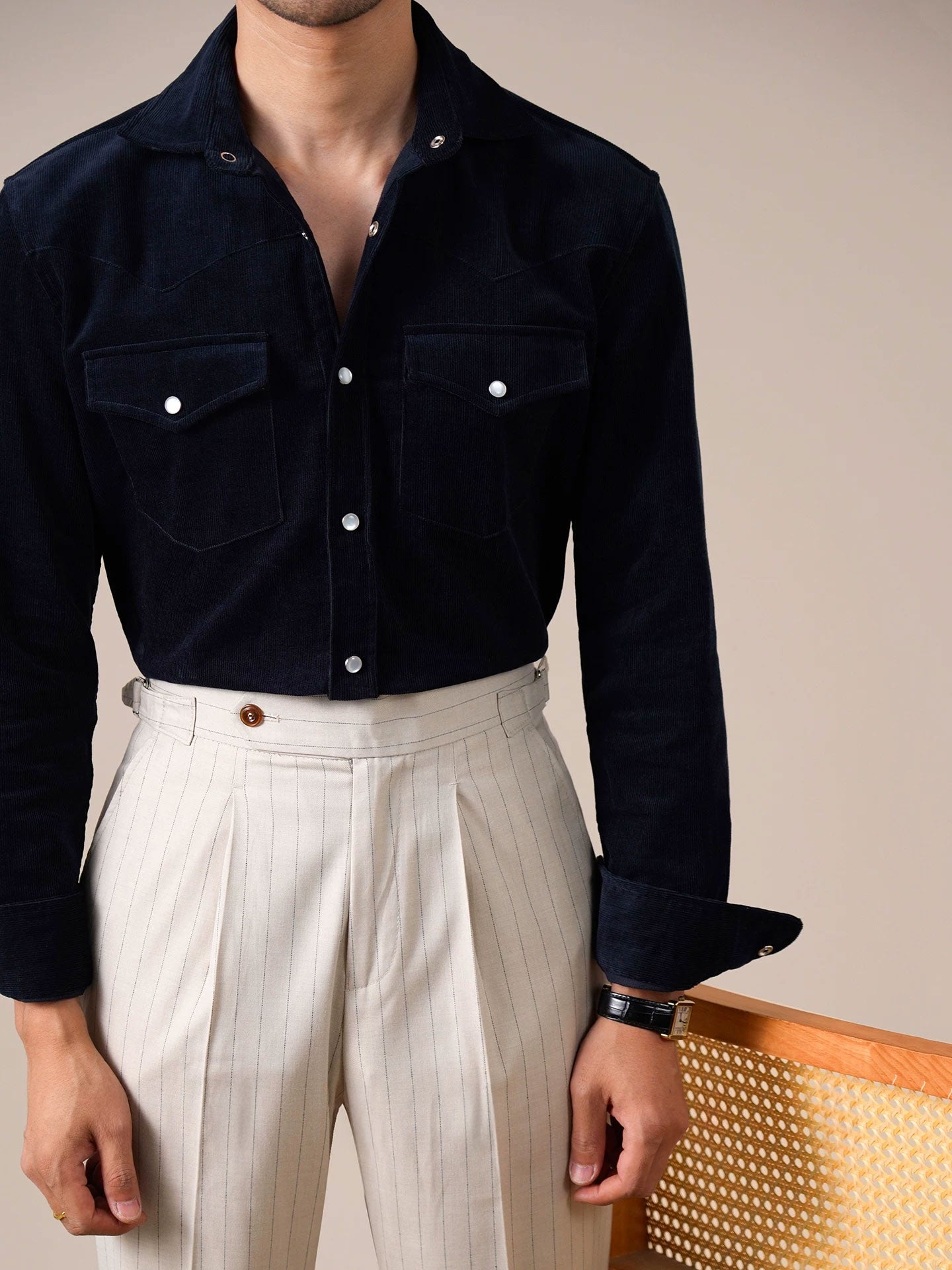 Men’s Corduroy Cotton Dress Shirt — Italian Spread Collar