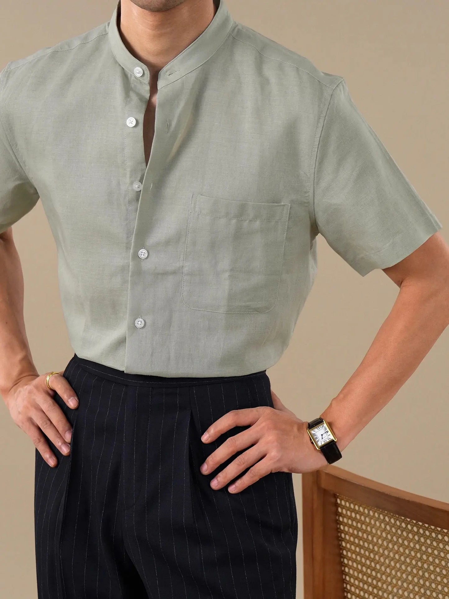 Band Collar Cotton-Linen Blend Short Sleeve Casual Shirt for Men BRABION