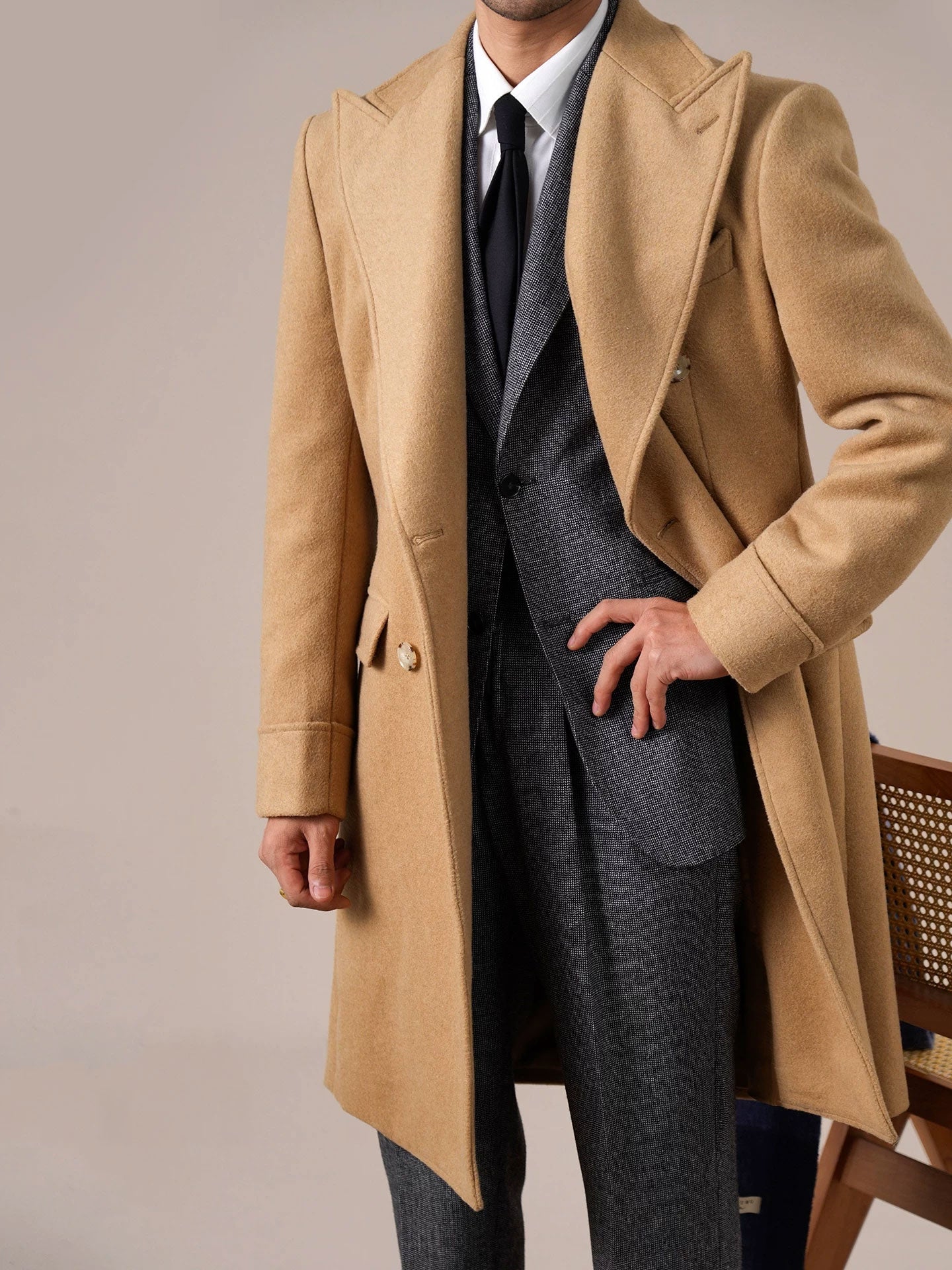 Mens Wool Chester Double Breasted Notched Lapel Coat - BRABION