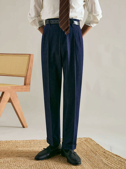 Men’s Double-Pleated Straight-Leg Vintage Jeans
