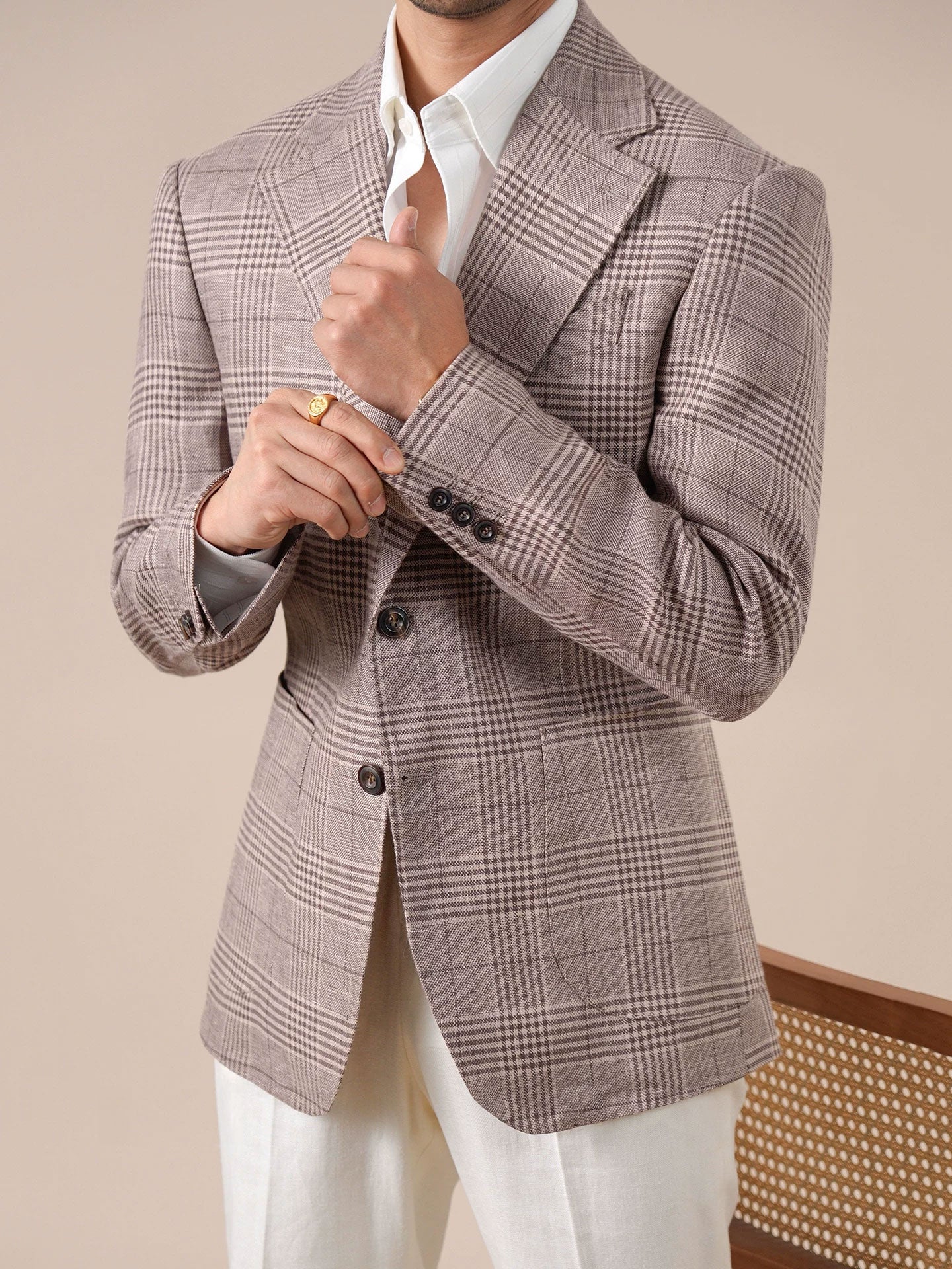 Mens Italian Prince of Wales Check Linen Blazer