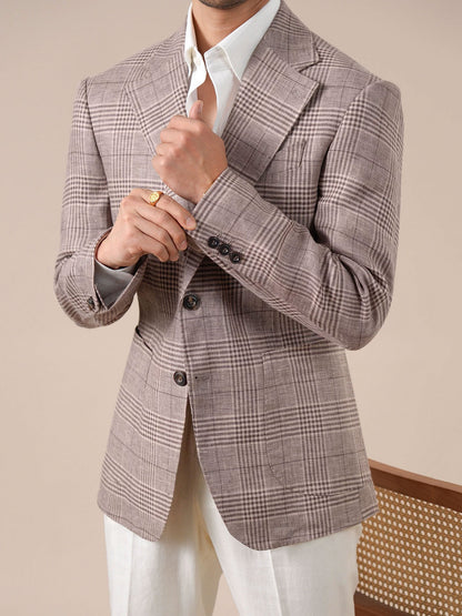 Mens Italian Prince of Wales Check Linen Blazer