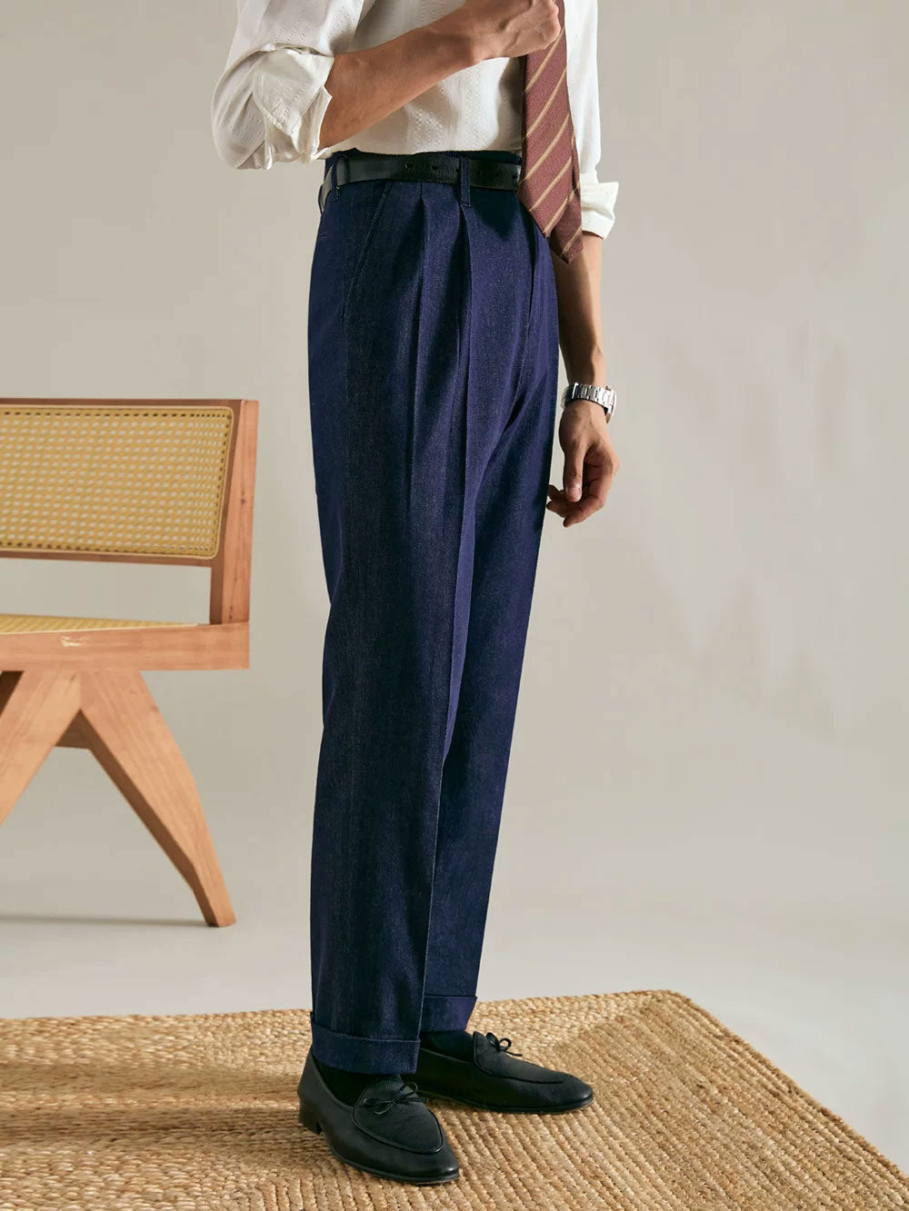 Men’s Double-Pleated Straight-Leg Vintage Jeans