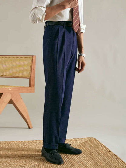 Men’s Double-Pleated Straight-Leg Vintage Jeans