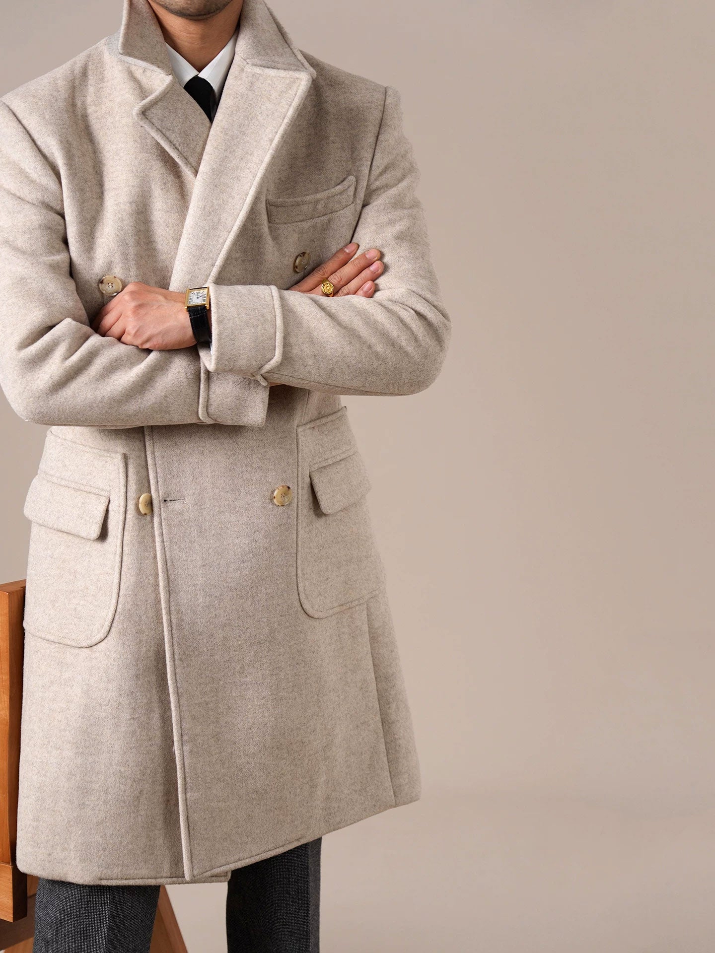 Mens Double-Breasted Ulster Collar Wool Coat