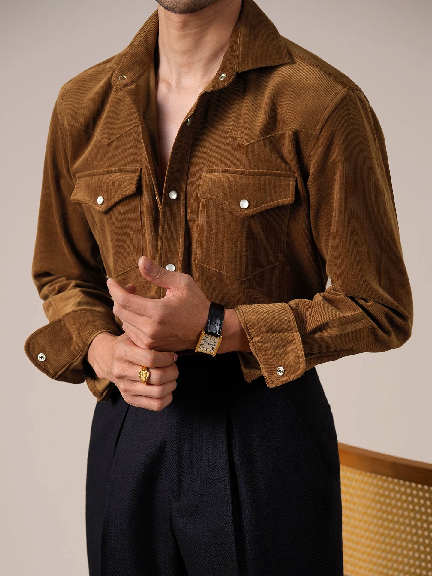 Men’s Corduroy Cotton Dress Shirt — Italian Spread Collar