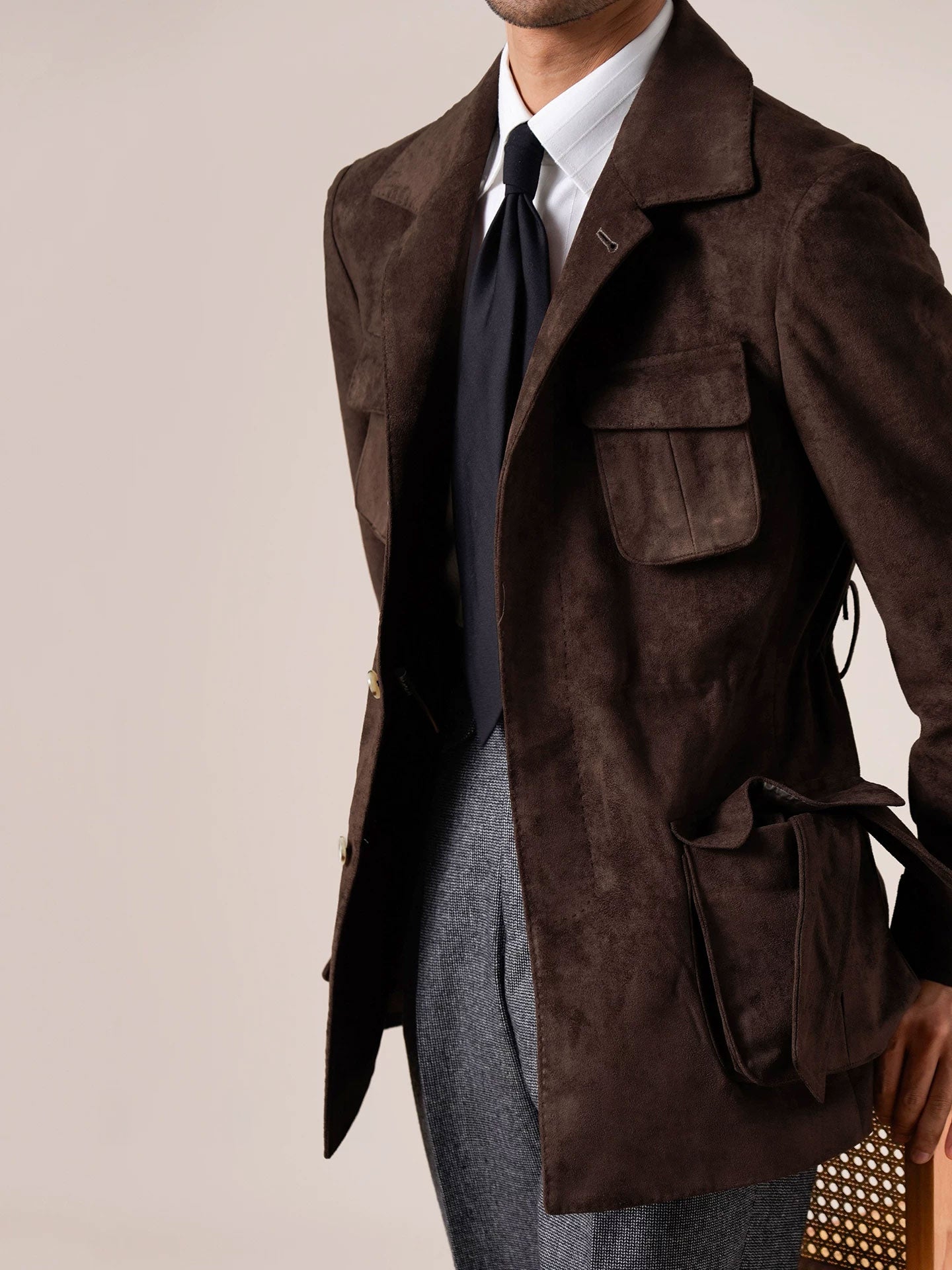 Men’s Suede Hunting Jacket — Slim Fit Belted Suit Collar Coat