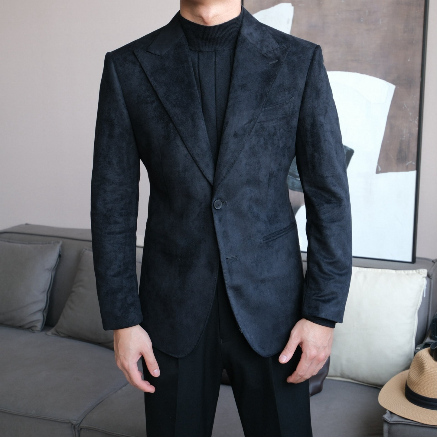 Men’s Slim Fit Suede Blazer with Peak Lapel