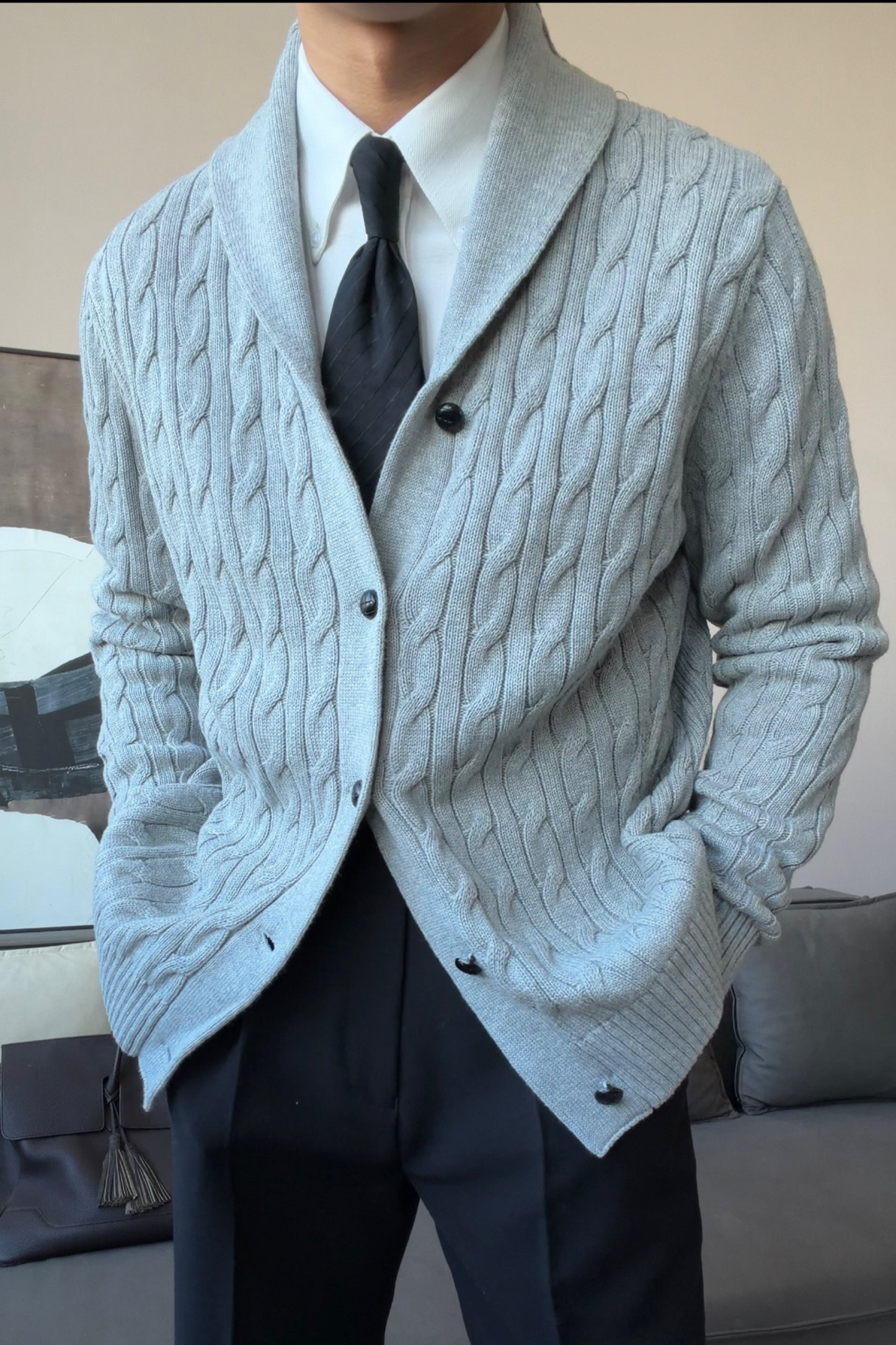 Men’s Cotton Shawl Collar Cable Knit Cardigan