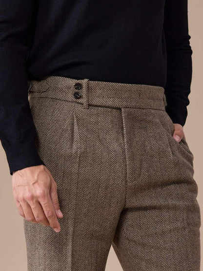 Men's Herringbone Wool Pleated Pants