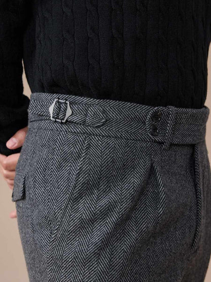 Men's Herringbone Wool Pleated Pants