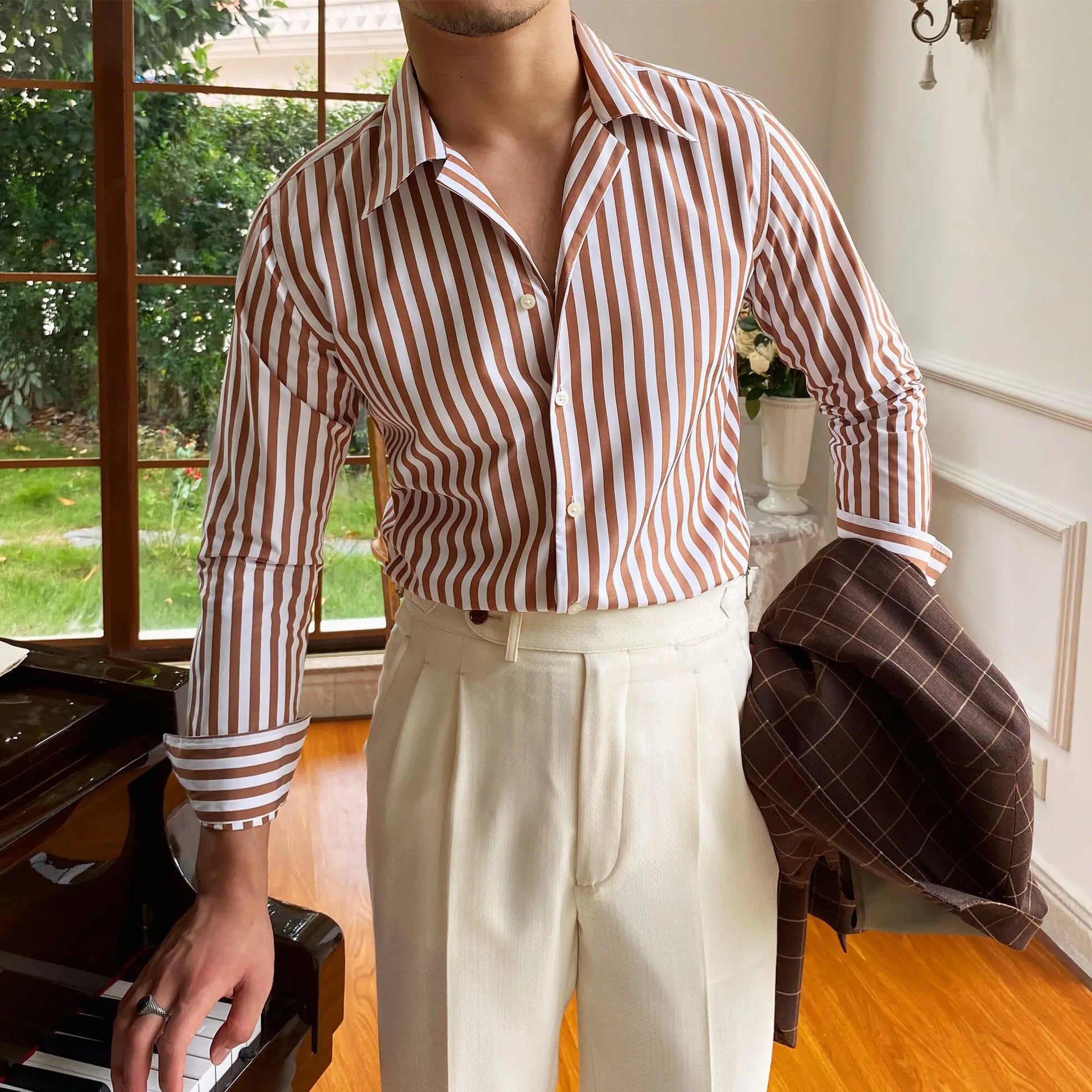 Striped Mandarin Collar Shirt - BRABION