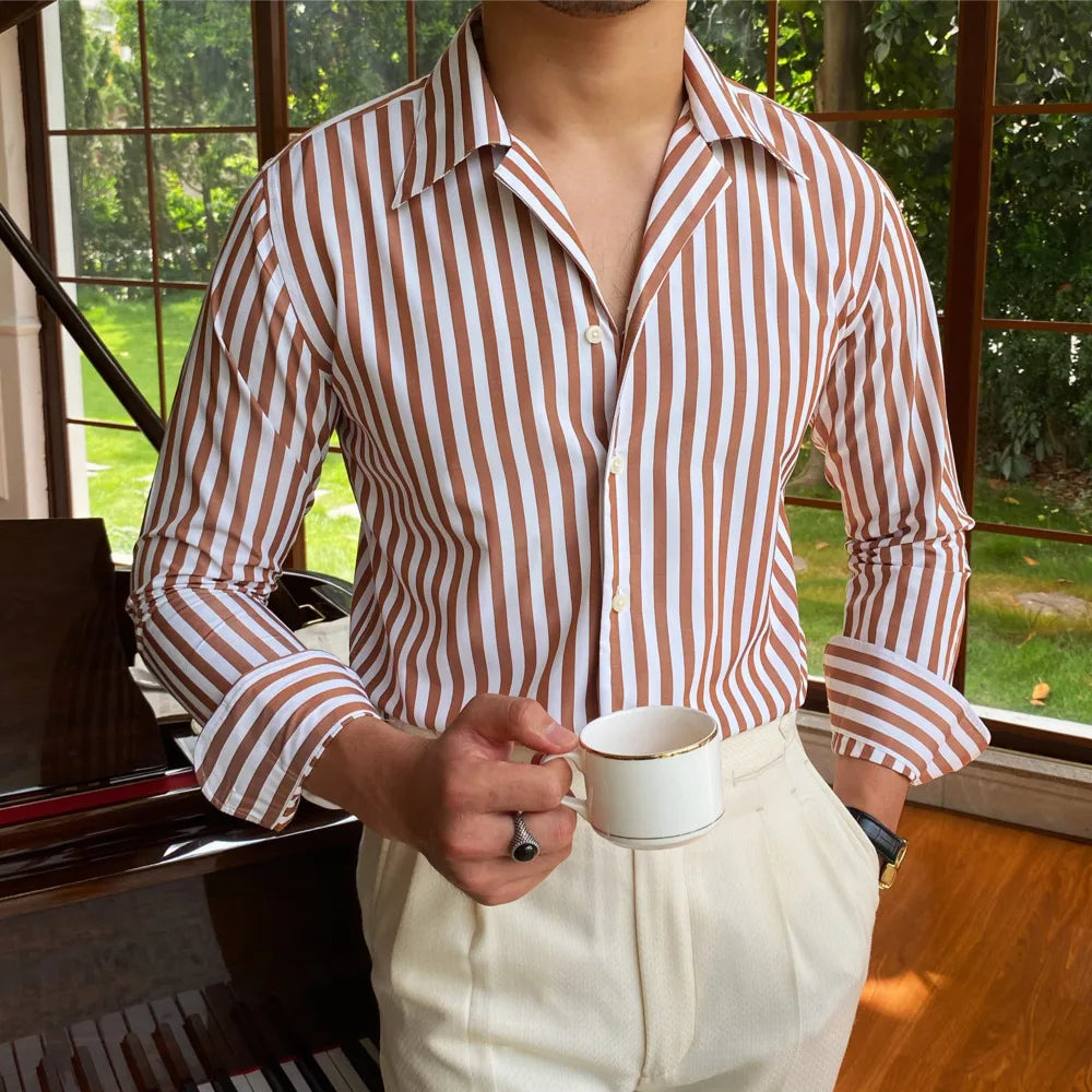 Striped Mandarin Collar Shirt - BRABION