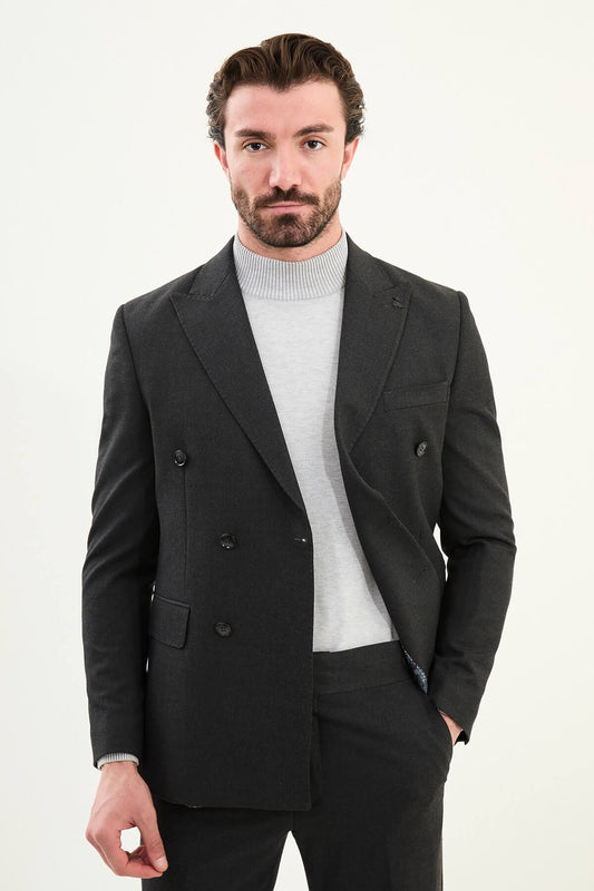 Men’s matte black slim-fit double-breasted wool-blend suit