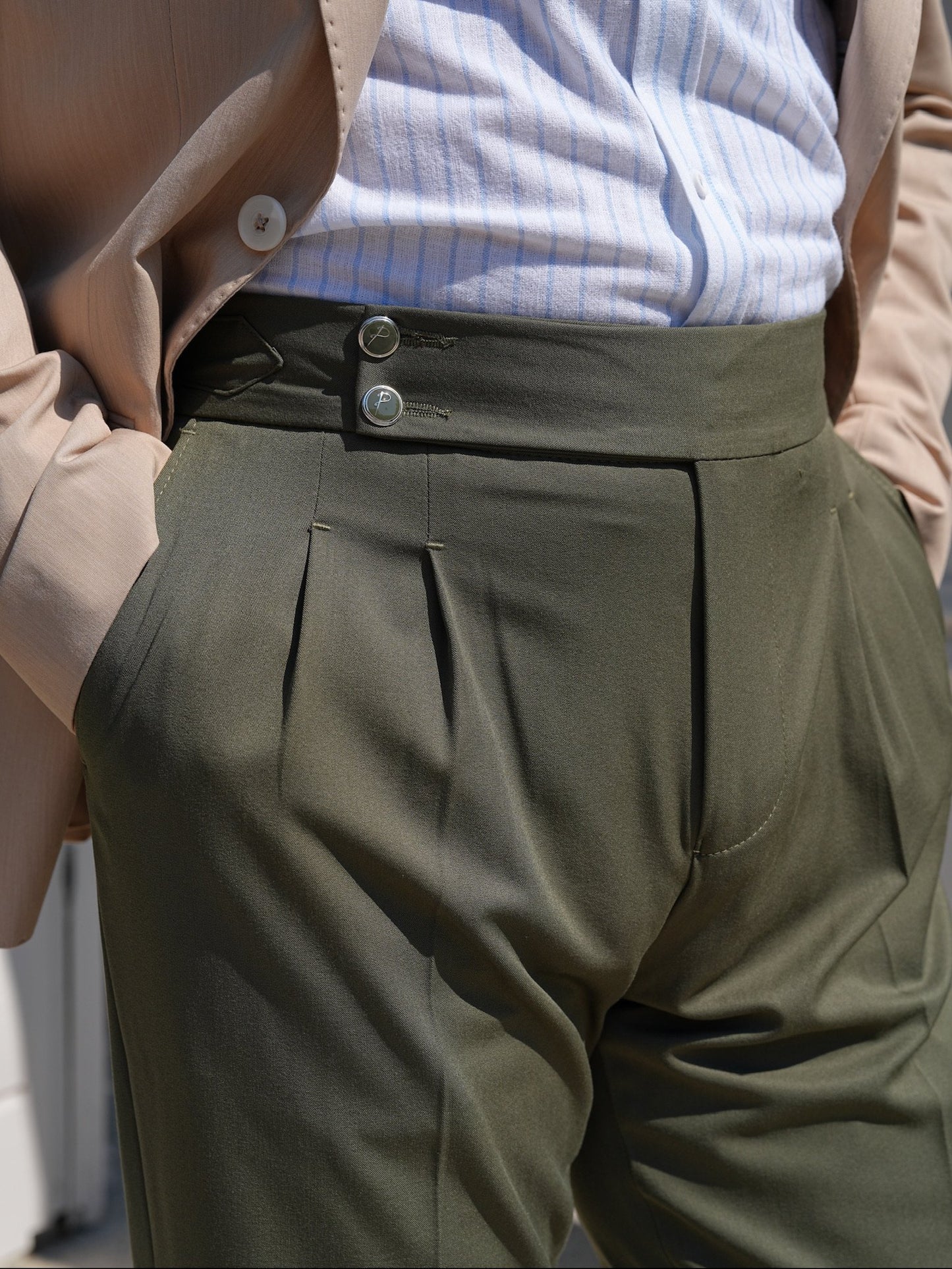 Khaki Green High Waist Pleated Buckle Pants - Regular Fit