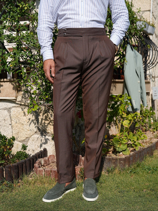 Brown High Waist Pleated Buckle Pants - Regular Fit