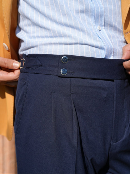Navy Blue High Waist Pleated Buckle Pants - Regular Fit