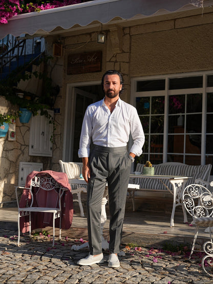 Gray High Waist Pleated Buckle Pants - Regular Fit