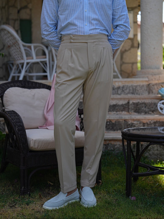 Cream Beige High Waist Pleated Buckle Pants - Regular Fit