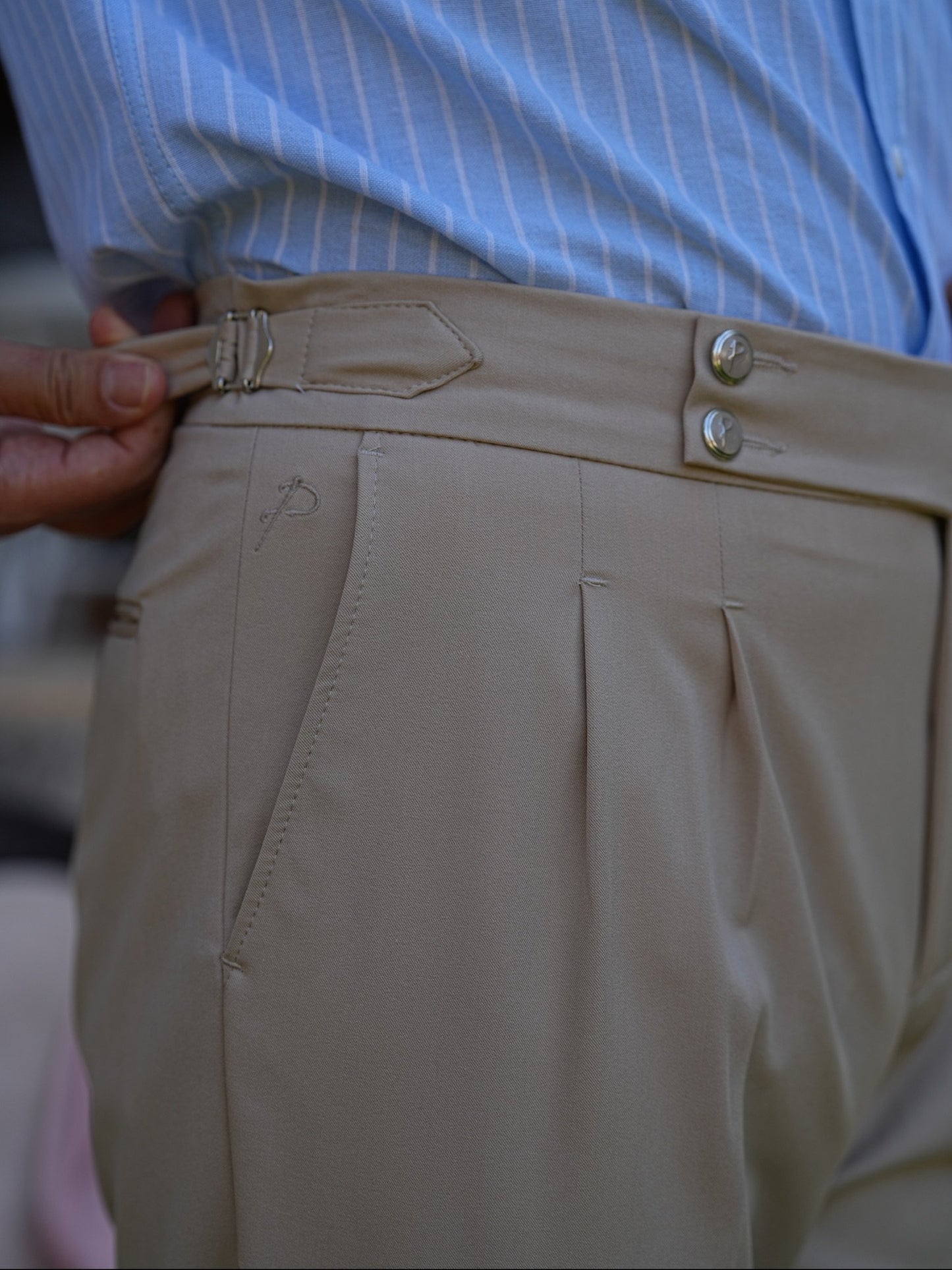 Cream Beige High Waist Pleated Buckle Pants - Regular Fit