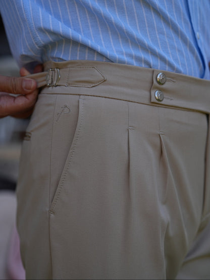 Cream Beige High Waist Pleated Buckle Pants - Regular Fit