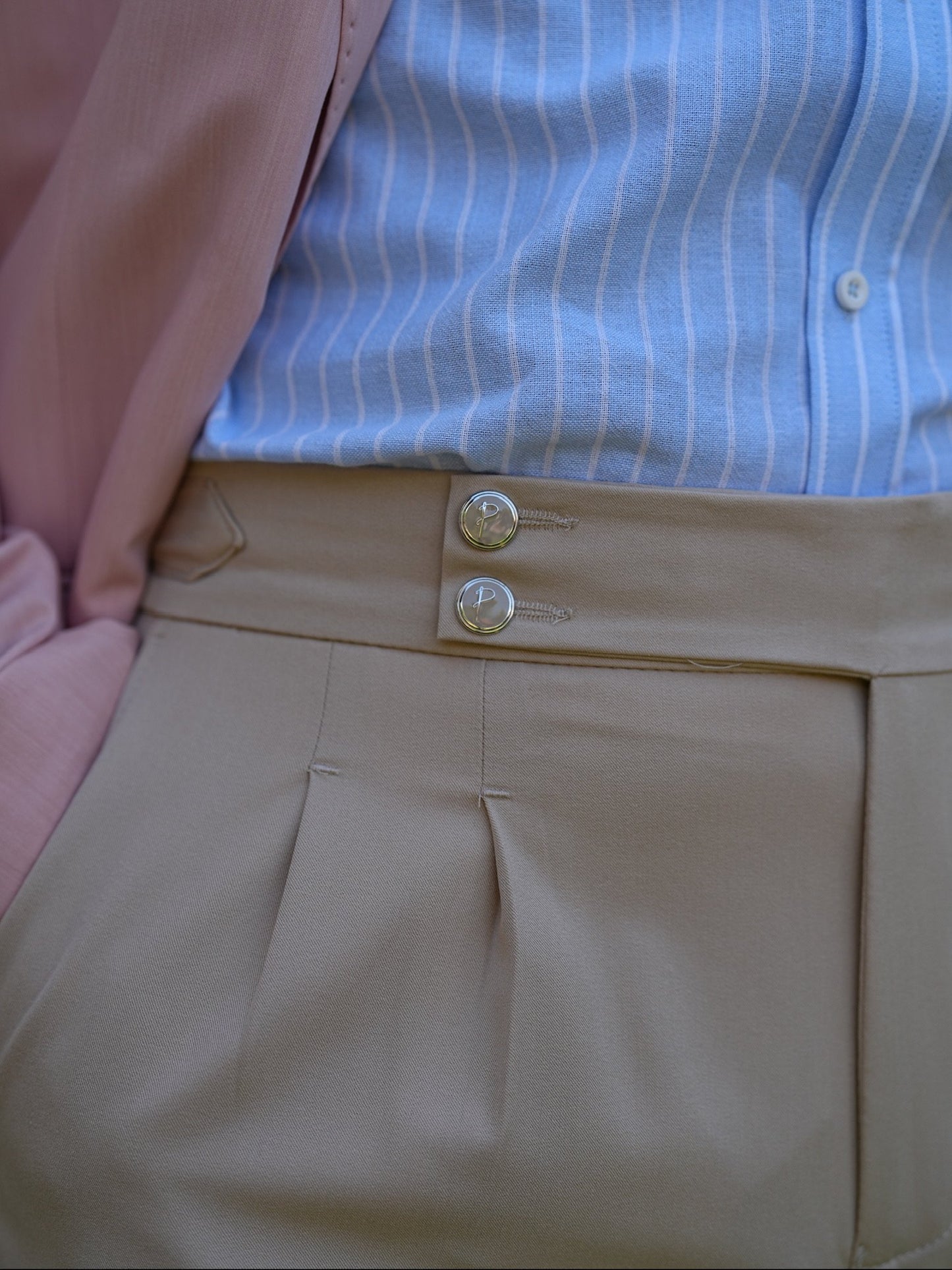 Cream Beige High Waist Pleated Buckle Pants - Regular Fit