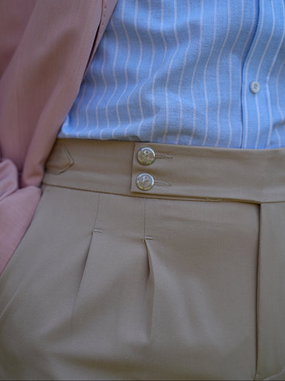 Cream Beige High Waist Pleated Buckle Pants - Regular Fit