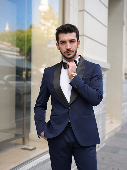 Italian Navy Blue Tuxedo - Luxury Shawl Collar Groom Suit