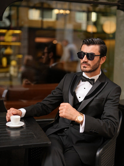 Brabion Elio Black Slim Fit Velvet Peak Lapel Tuxedo