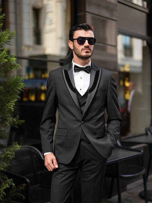 Brabion Elio Black Slim Fit Velvet Peak Lapel Tuxedo