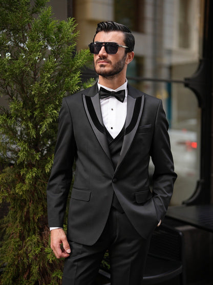 Brabion Elio Black Slim Fit Velvet Peak Lapel Tuxedo