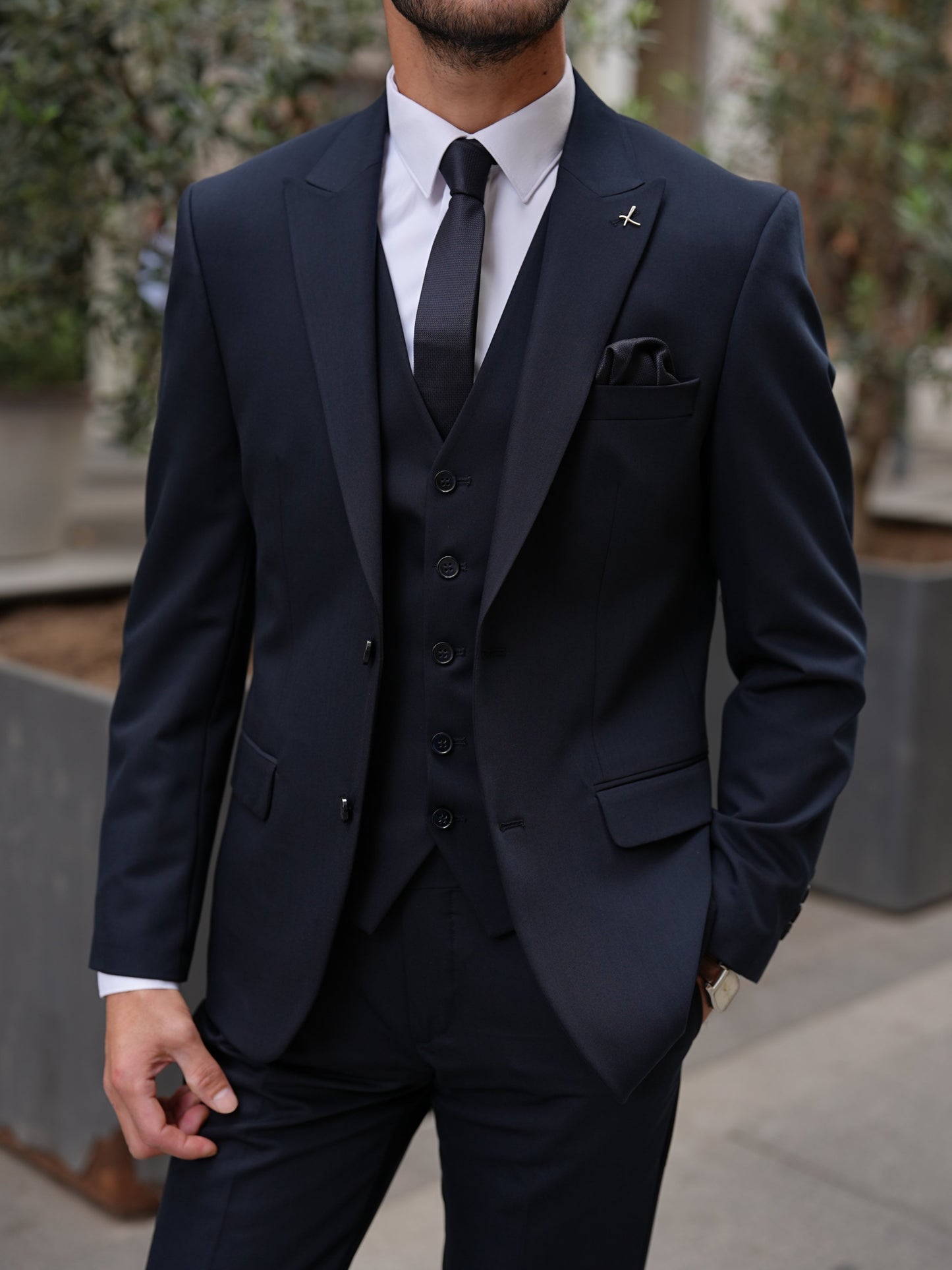 Navy Blue Italian Slim Fit Suit - Point Stitched