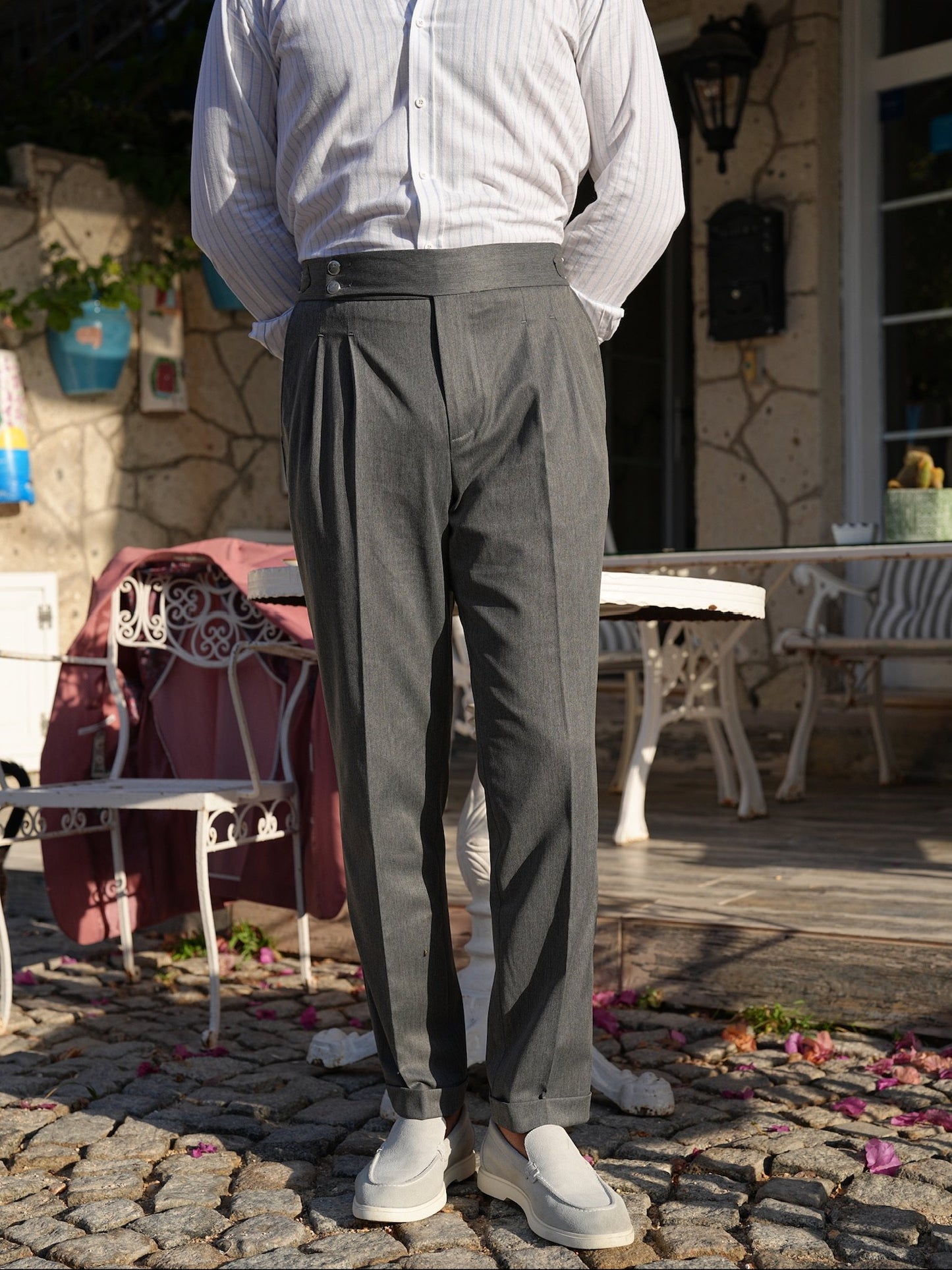 Gray High Waist Pleated Buckle Pants - Regular Fit