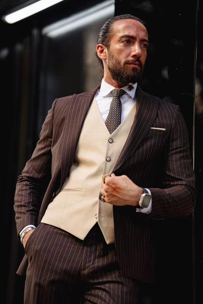 Vespo Beige & Brown Combination Suit - Slim-Fit Three-Piece Elegance
