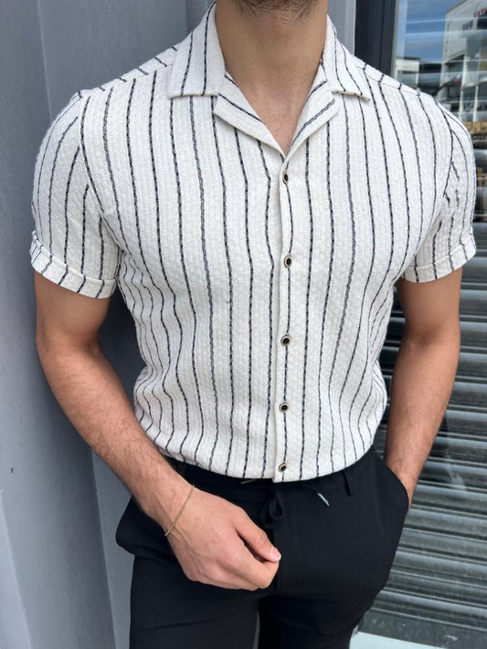 Brabion Lyon White Slim Fit Short Sleeve Striped Cotton Shirt