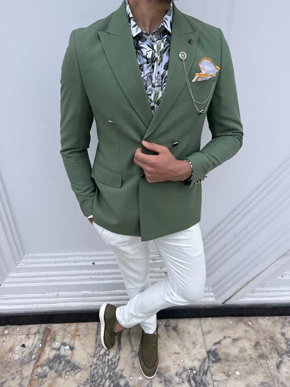 Lyon Green Slim Fit Double Breasted Linen Blazer