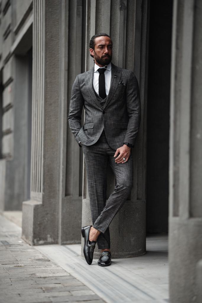 Evo Dark Gray Slim Fit Crosshatch Suit – Elevate Your Style
