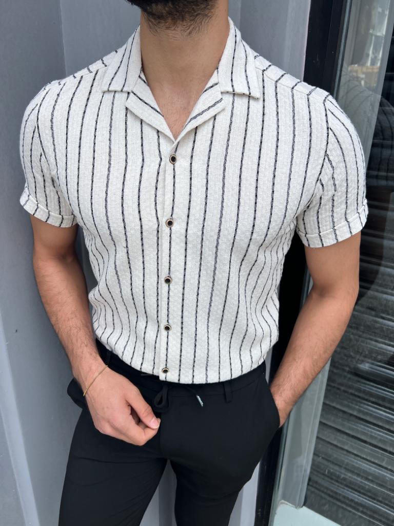 Brabion Lyon White Slim Fit Short Sleeve Striped Cotton Shirt