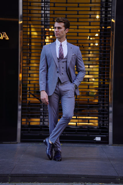 Vespo Patterned Slim-Fit Gray Wool Suit - Elegant Three-Piece Ensemble