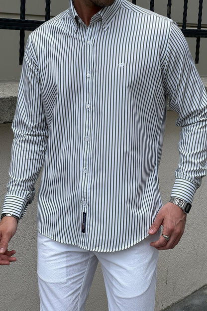 Brabion Daniel Striped White and Green Slim Fit Shirt