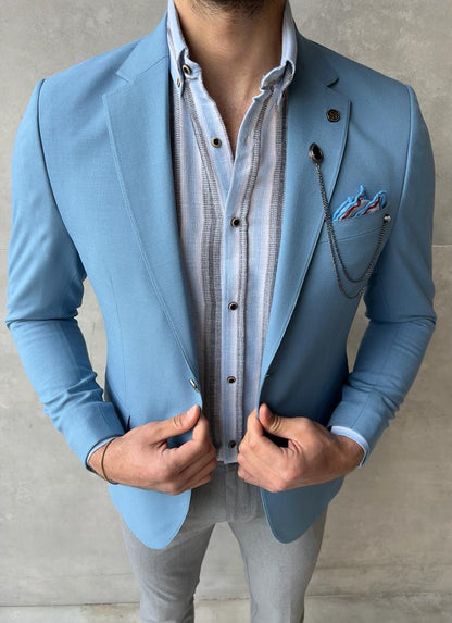 Lyon Sky Blue Slim Fit Notch Lapel Linen Blazer